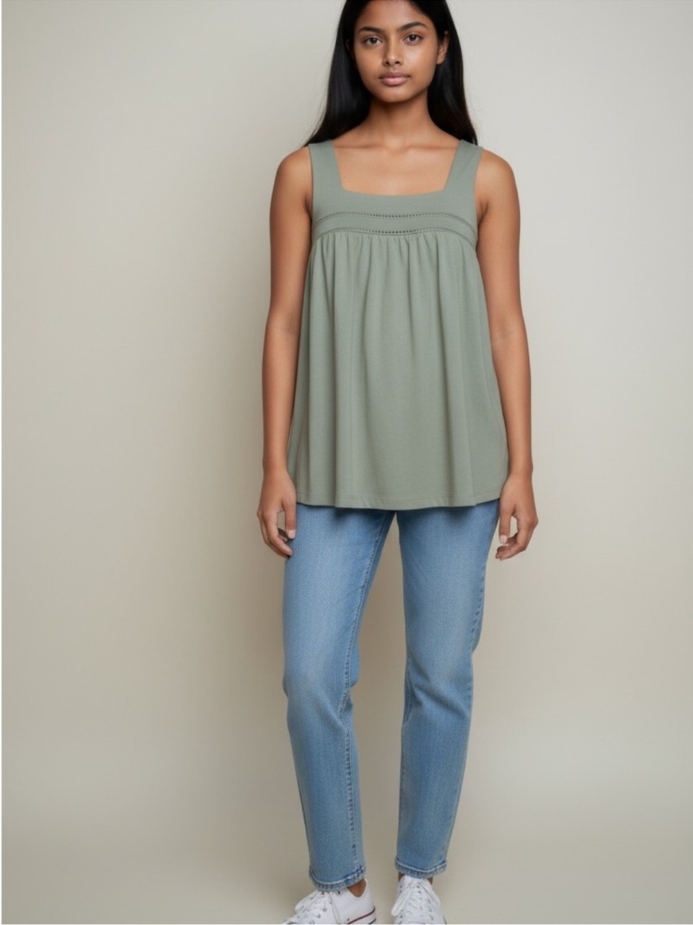 Women's Eddie Bauer Olive Green Square Neck Pleated Tank Top Size Small
